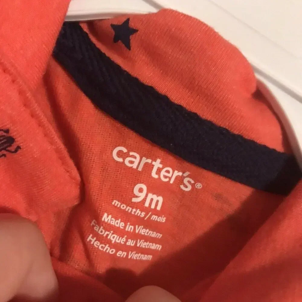NWT Carters Nine Month Orange Dinosaur Collared Shirt Striped Shorts 2 Pc. Set